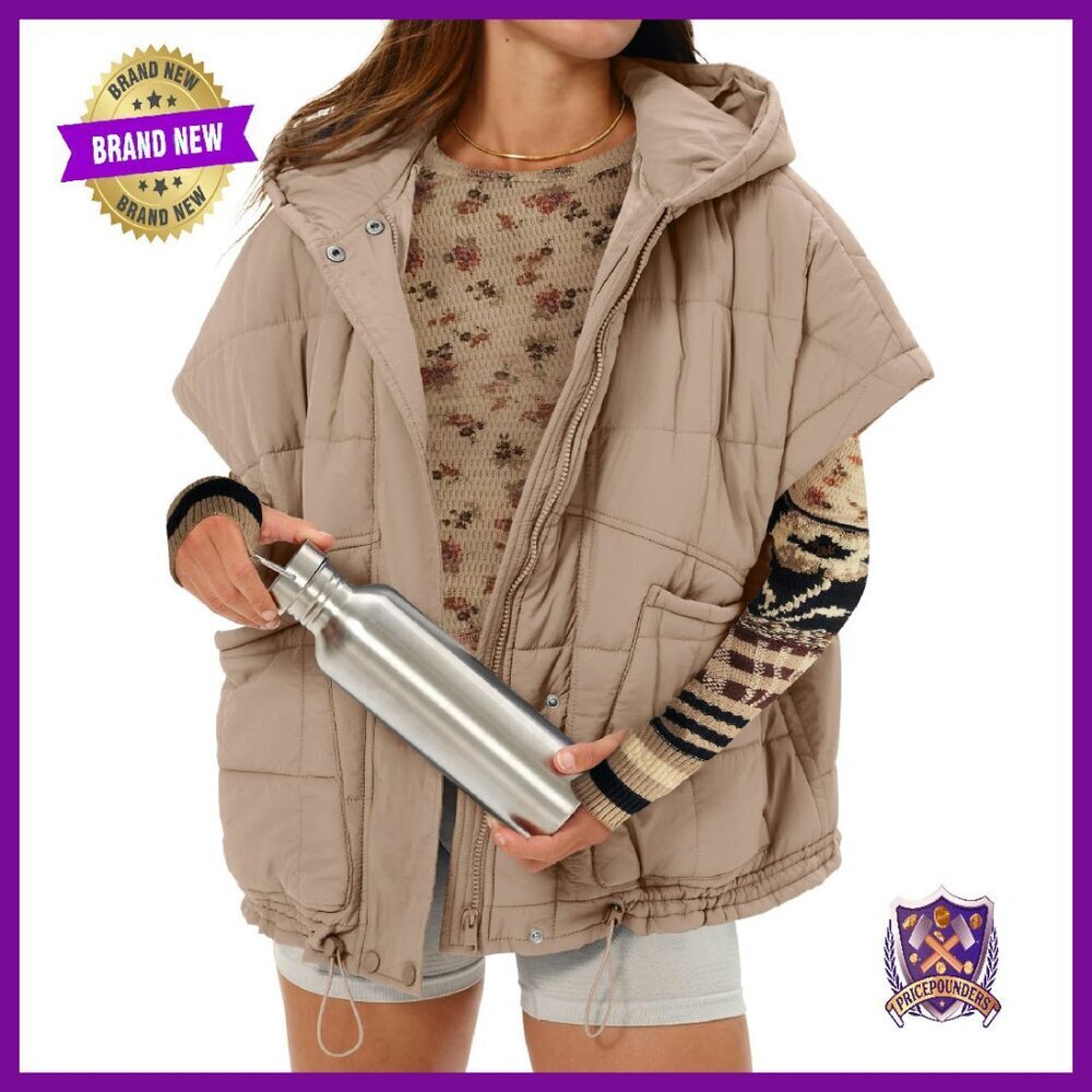 Oversized Quilted Puffer Vest with Hood Stand Collar Zip Up